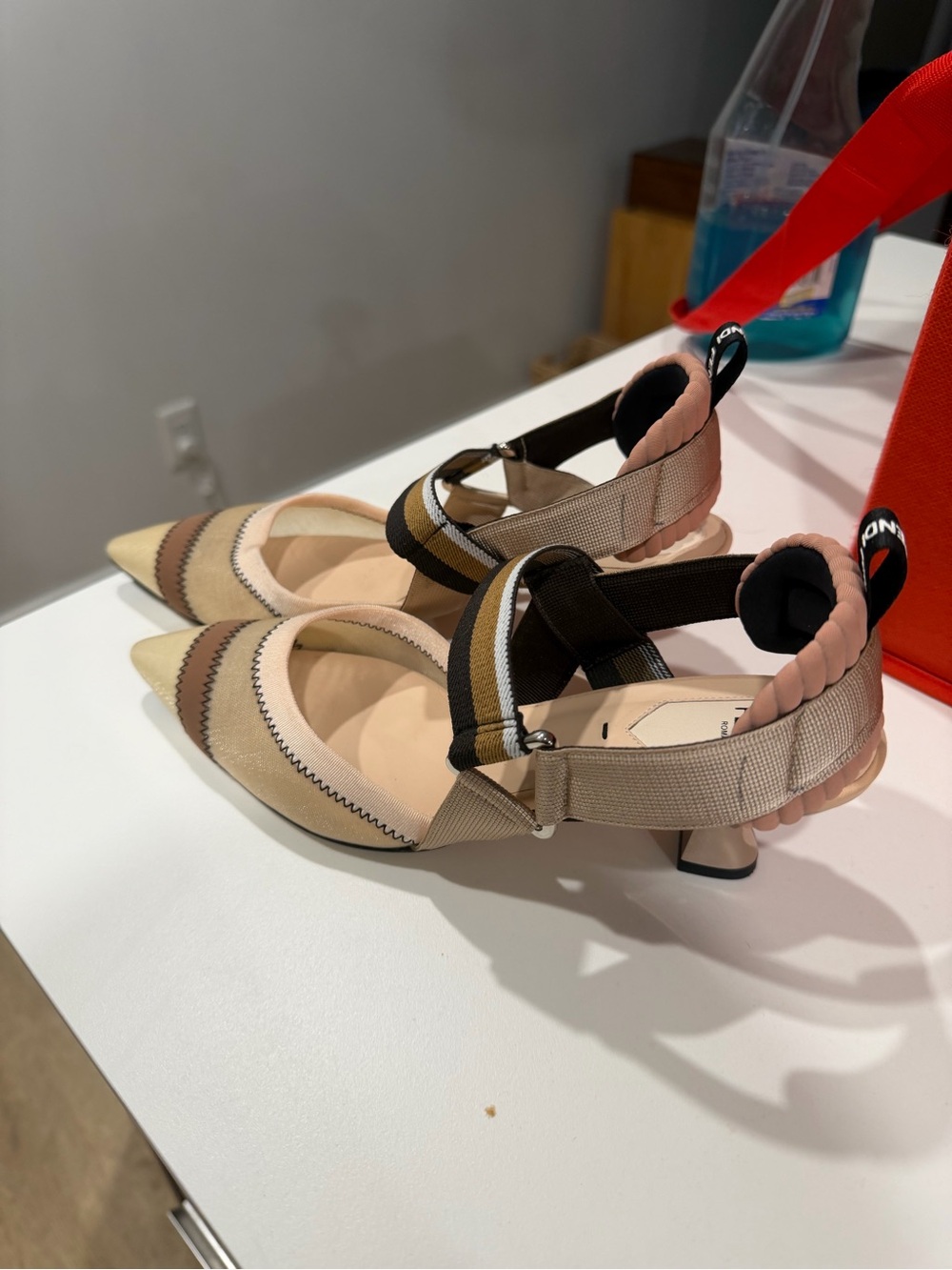 Fendi Beige and Black Pointed-Toe Slingback Heels